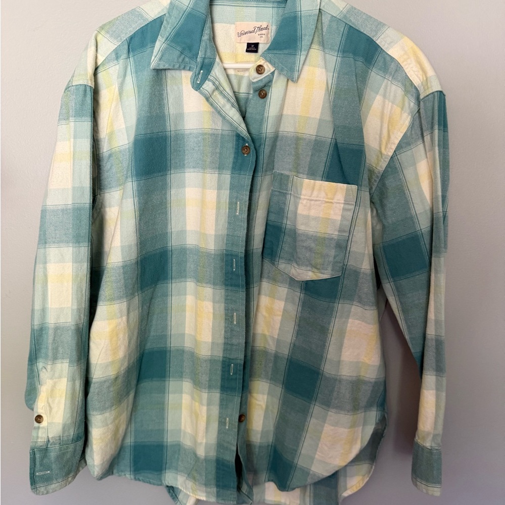 Universal Thread Teal, White & Pale Yellow Plaid Button-Down Shirt